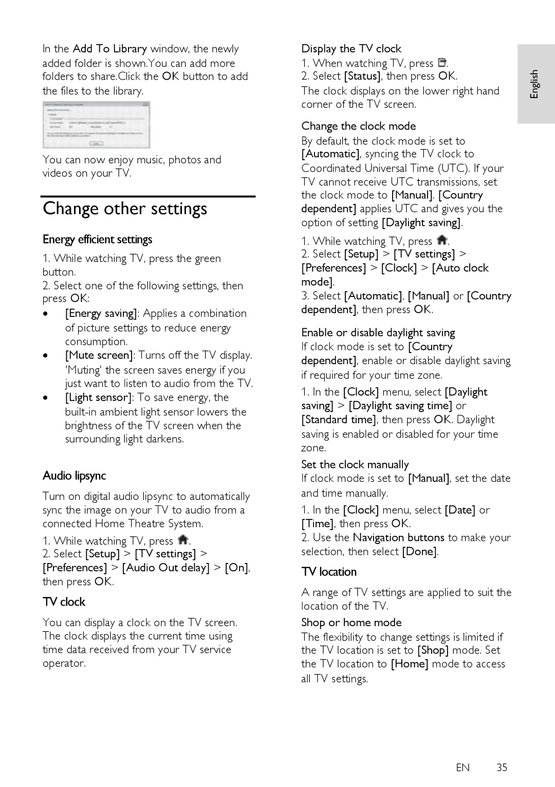 Philips 40PFL8605D, 52PFL8605D Change other settings, Energy efficient settings, Audio lipsync, TV clock, TV location 