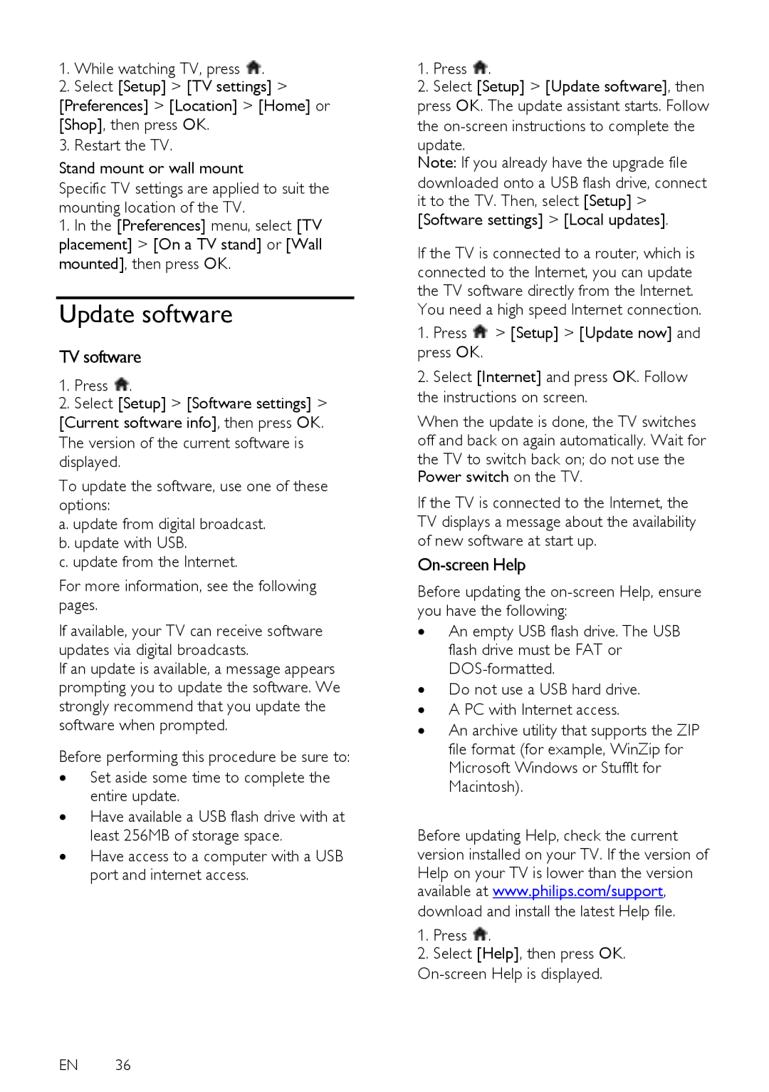 Philips 40PFL5615D, 52PFL8605D, 32PFL5615D Update software, TV software, On-screen Help, Software settings Local updates 