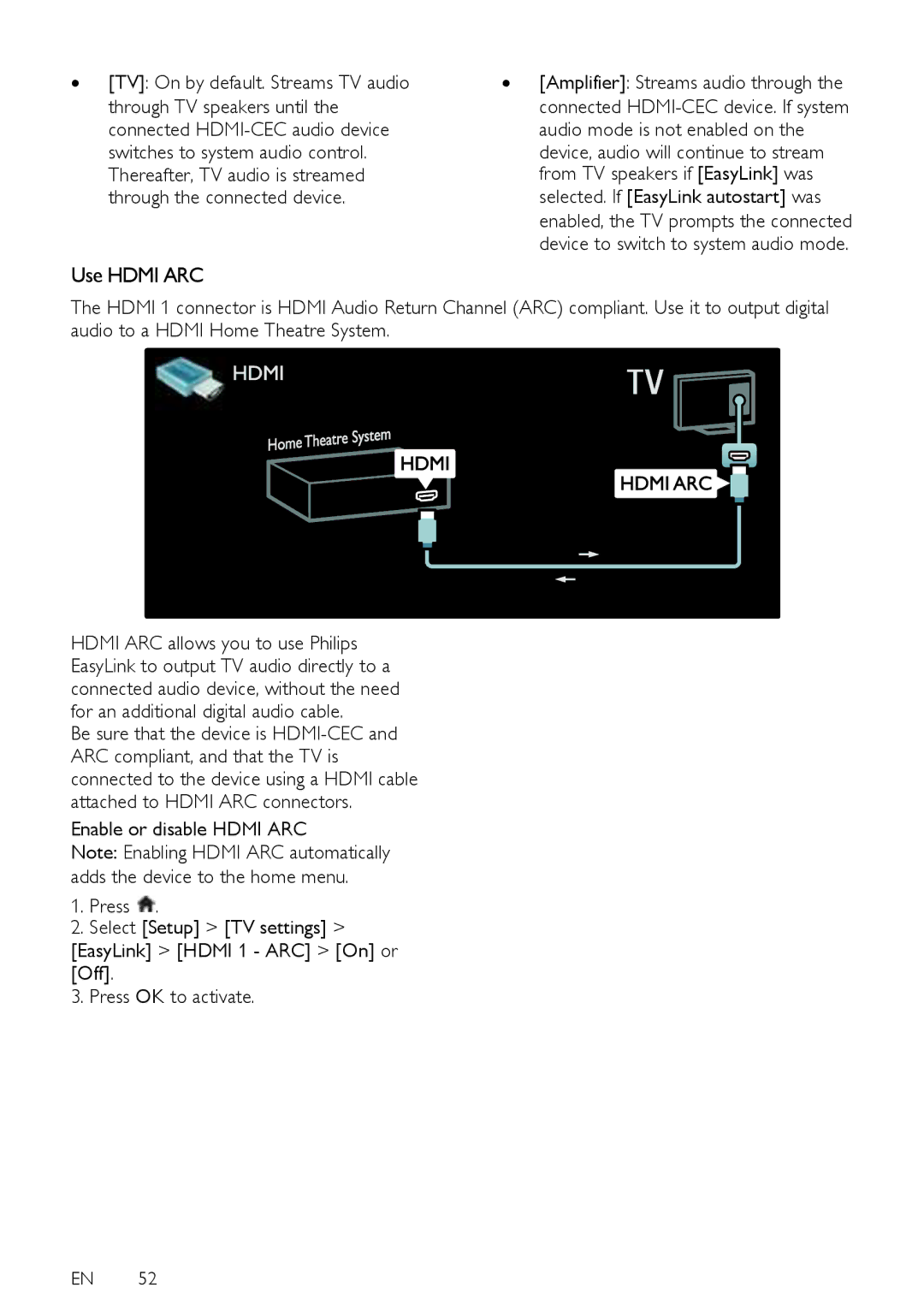 Philips 40PFL5615D, 52PFL8605D, 32PFL5615D Use Hdmi ARC, Thereafter, TV audio is streamed, Through the connected device 