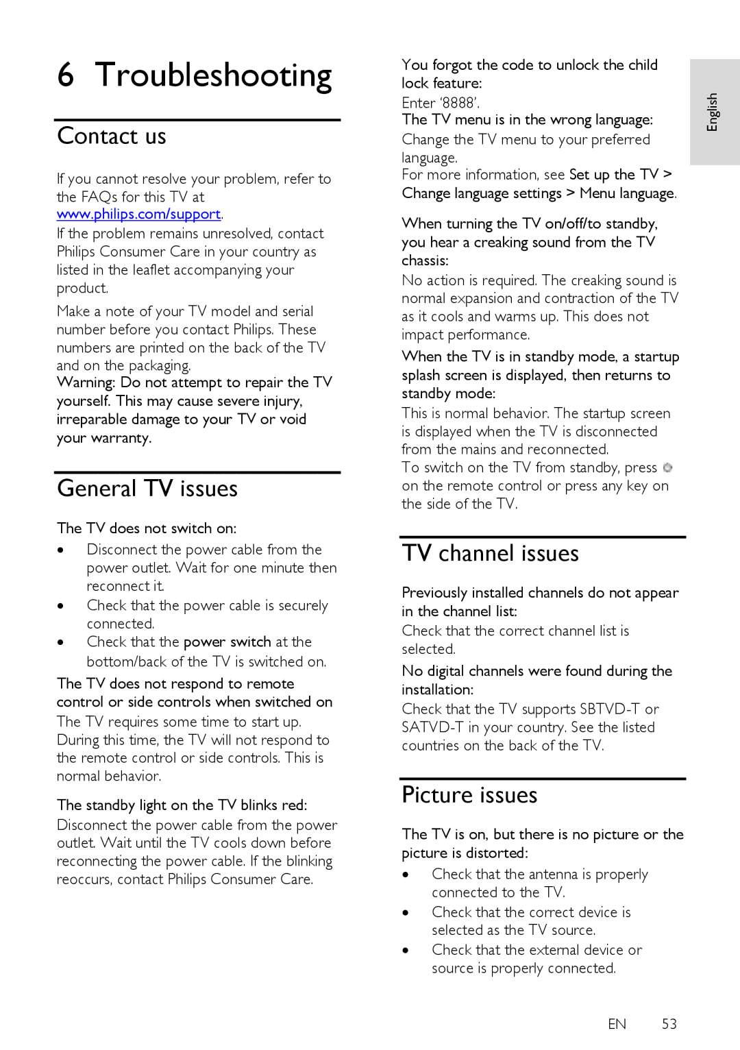 Philips 40PFL6615D, 52PFL8605D user manual Troubleshooting, Contact us, General TV issues, TV channel issues, Picture issues 