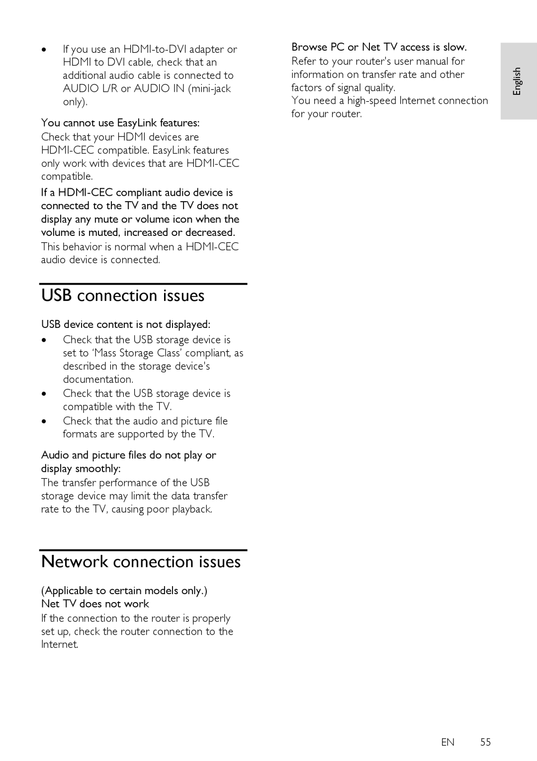 Philips 46PFL6615D, 52PFL8605D, 32PFL5615D, 32PFL6615D, 40PFL8605D user manual USB connection issues, Network connection issues 