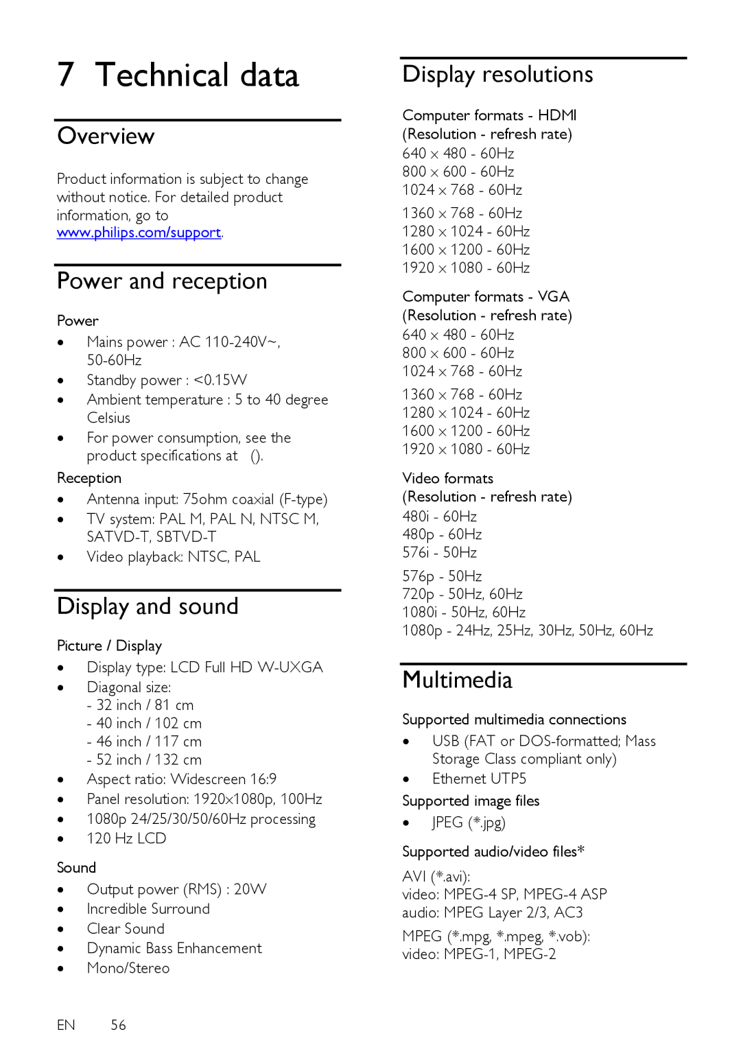 Philips 52PFL8605D, 32PFL5615D Technical data, Power and reception, Display and sound, Display resolutions, Multimedia 