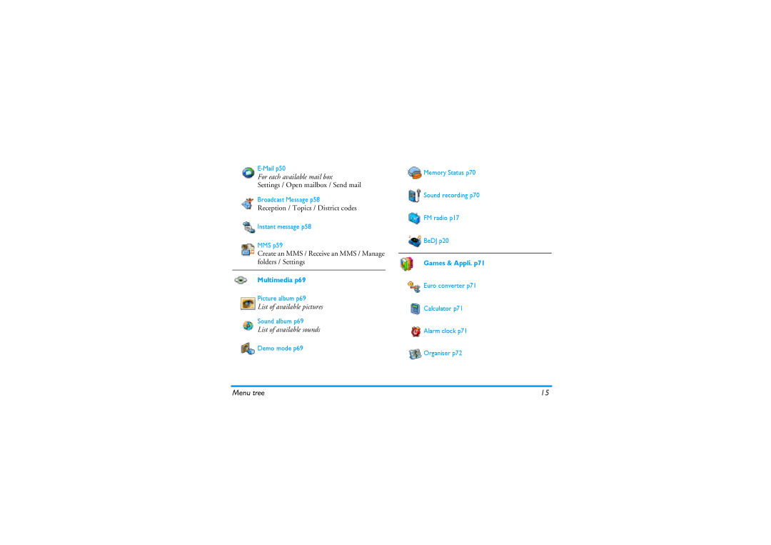 Philips 530 Settings / Open mailbox / Send mail, Reception / Topics / District codes, Multimedia p69, Games & Appli. p71 