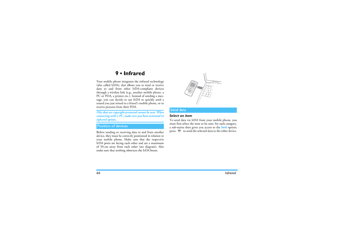 Philips 530 manual Infrared, Position of devices, Send data, Select an item 