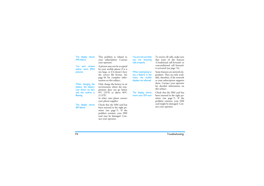 Philips 530 This problem is related to, Your Subscription, Your operator, Mation on this subject, 0C 32F or above 50C 