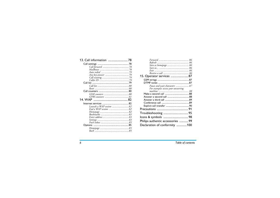 Philips 535 manual Call information, Wap 