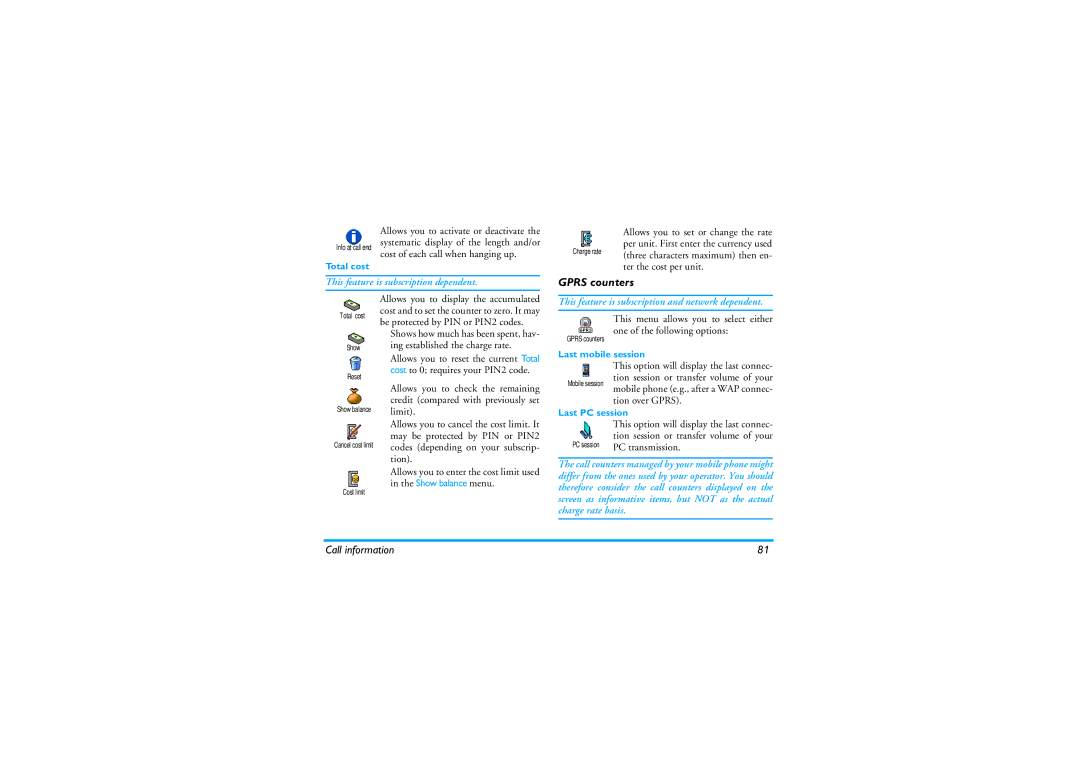 Philips 535 manual Gprs counters, Cost of each call when hanging up, This feature is subscription and network dependent 