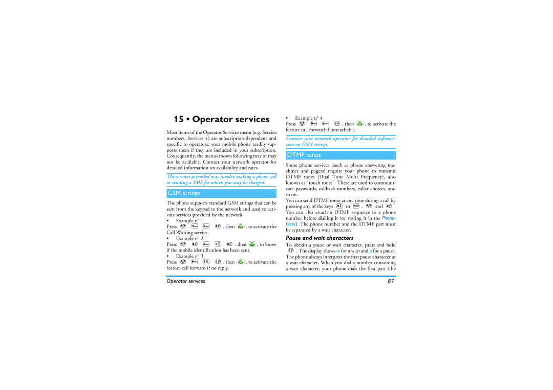 Philips 535 manual Operator services, GSM strings, Dtmf tones, Pause and wait characters 