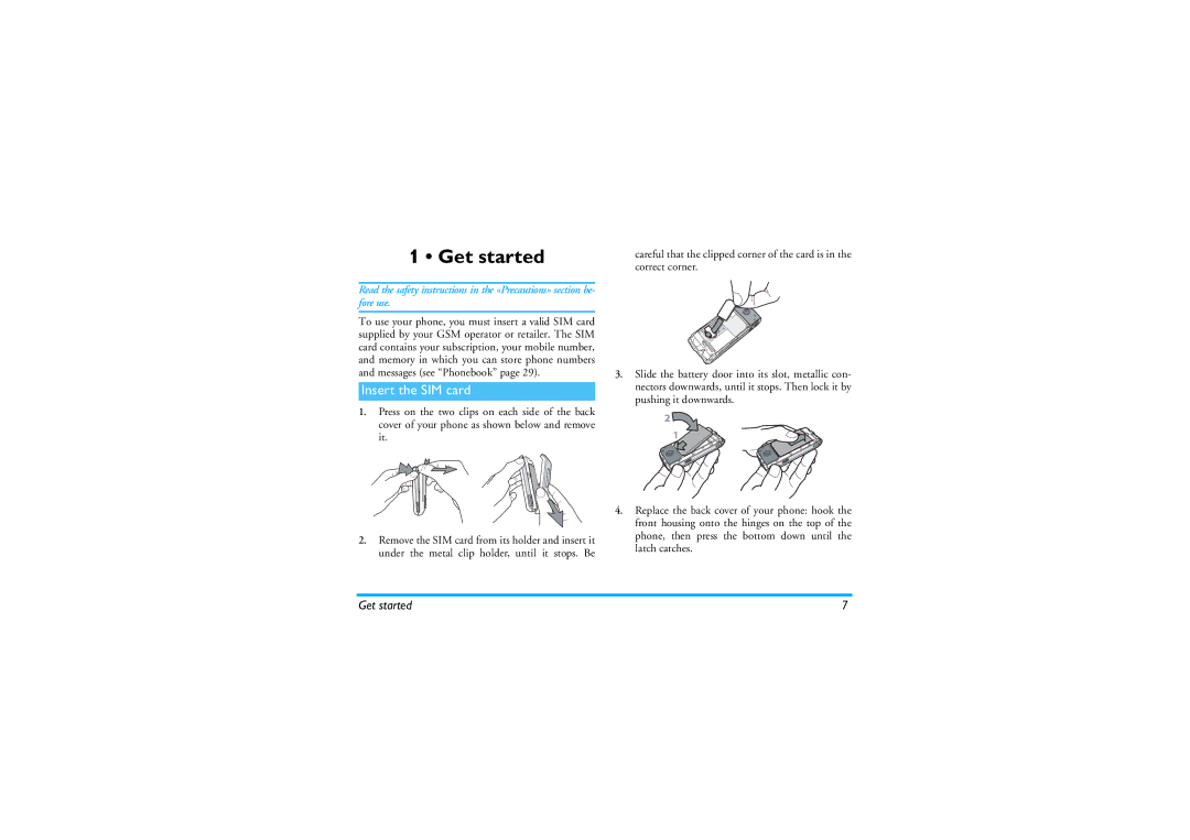 Philips 535 manual Get started, Insert the SIM card 