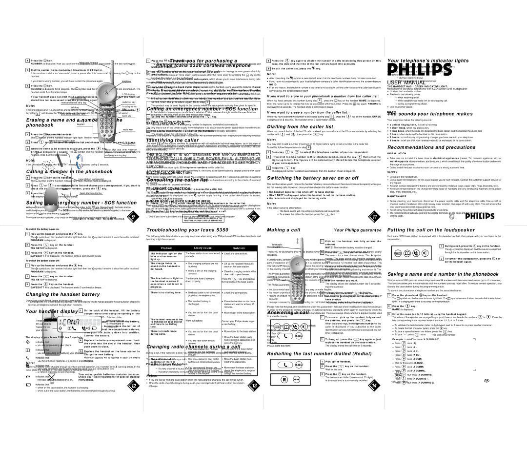 Philips 5350 Erasing a name and a number from the phonebook, Calling a number in the phonebook, Identifying the caller 