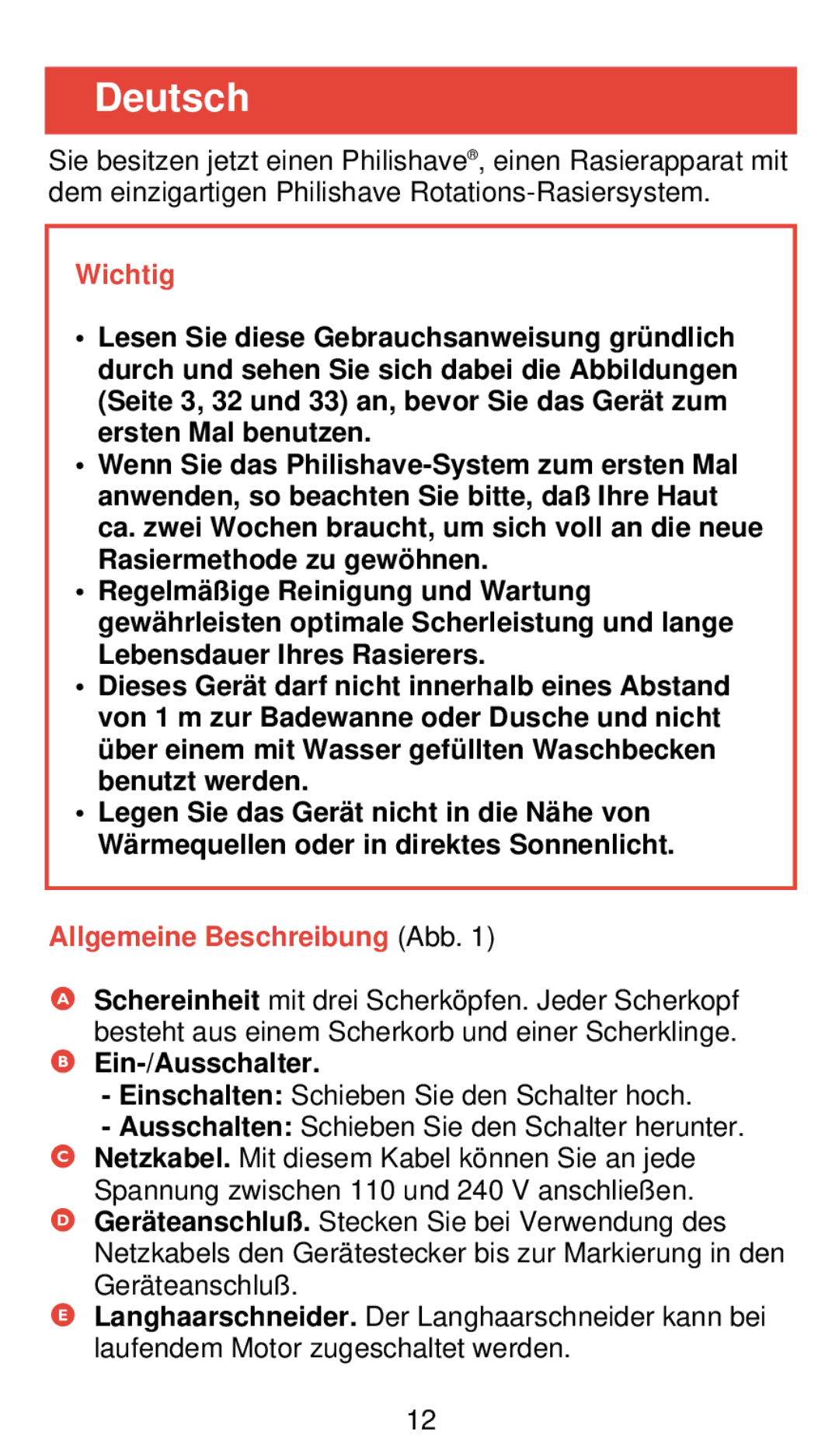 Philips 545, 555 manual Deutsch, Wichtig, Allgemeine Beschreibung Abb, Ein-/Ausschalter 