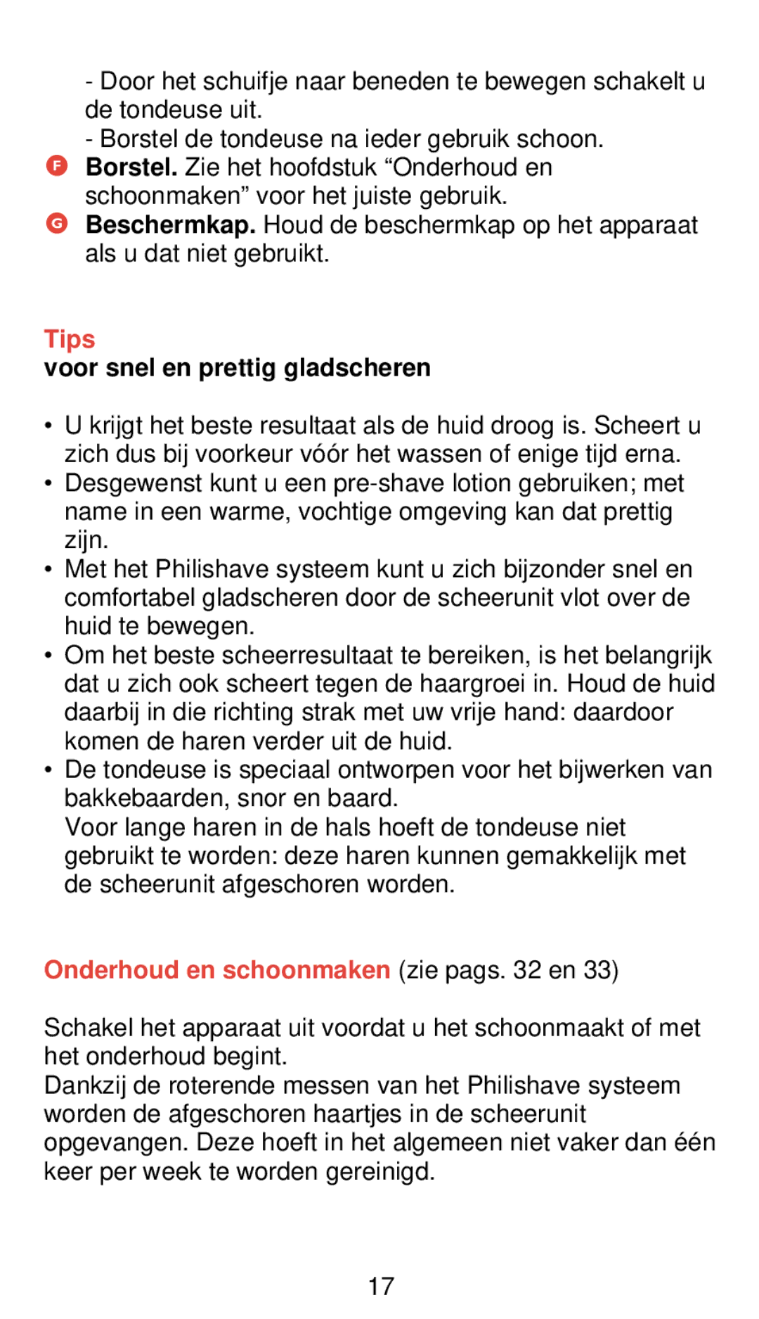 Philips 555, 545 manual Tips, Voor snel en prettig gladscheren, Onderhoud en schoonmaken zie pags en 