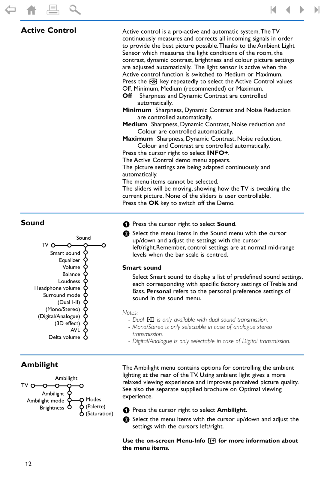 Philips 550W manual Active Control, Sound, Ambilight, Press the OK key to switch off the Demo, Smart sound 