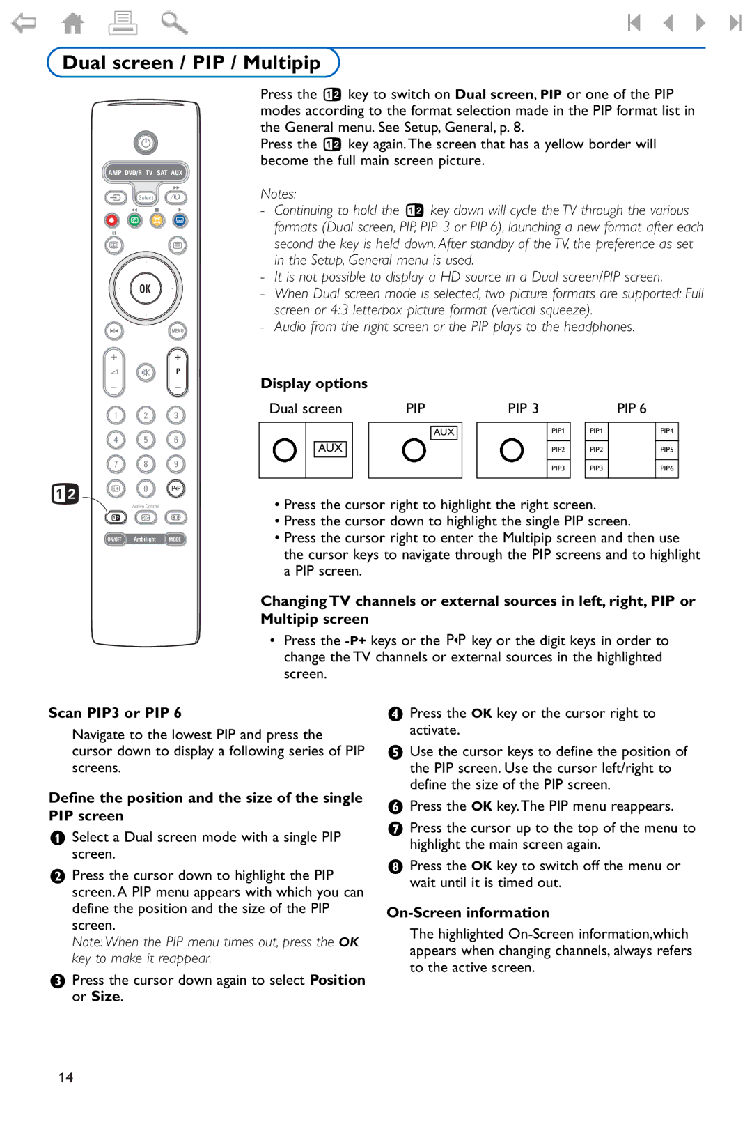 Philips 550W manual Dual screen / PIP / Multipip, Display options, Scan PIP3 or PIP, On-Screen information 