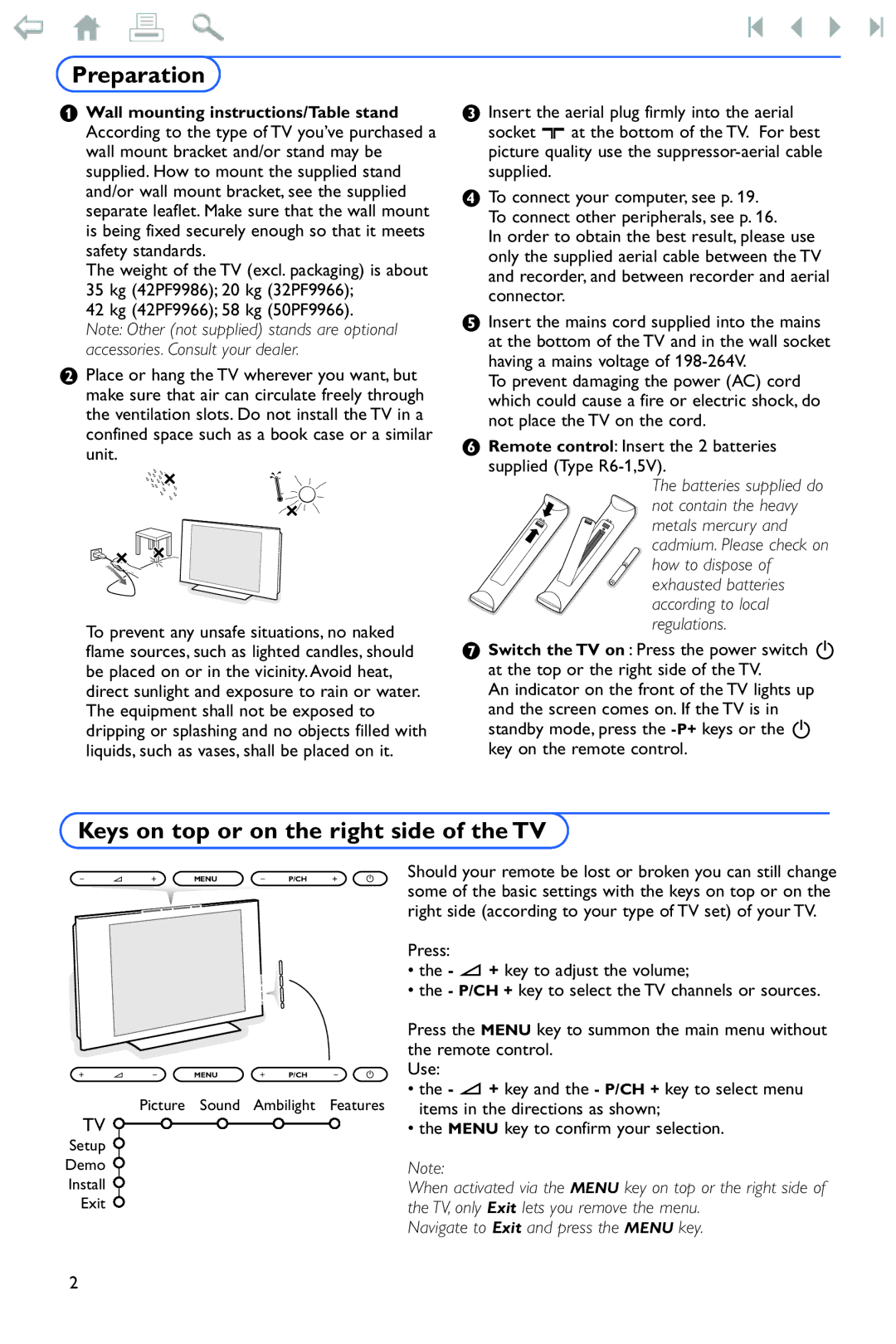 Philips 550W manual Preparation, Keys on top or on the right side of the TV 