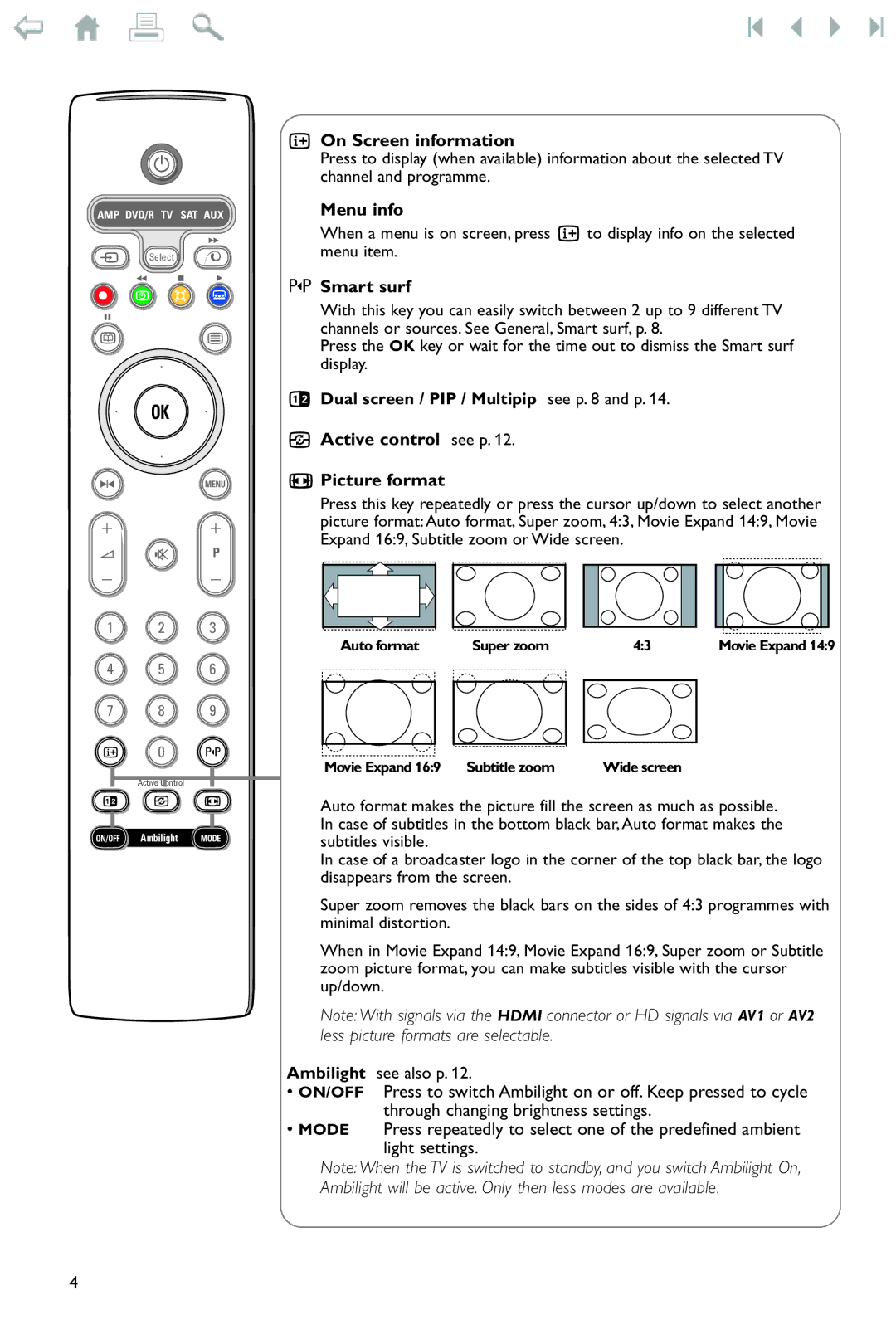 Philips 550W manual On Screen information, Menu info, Smart surf, Active control see p Picture format 