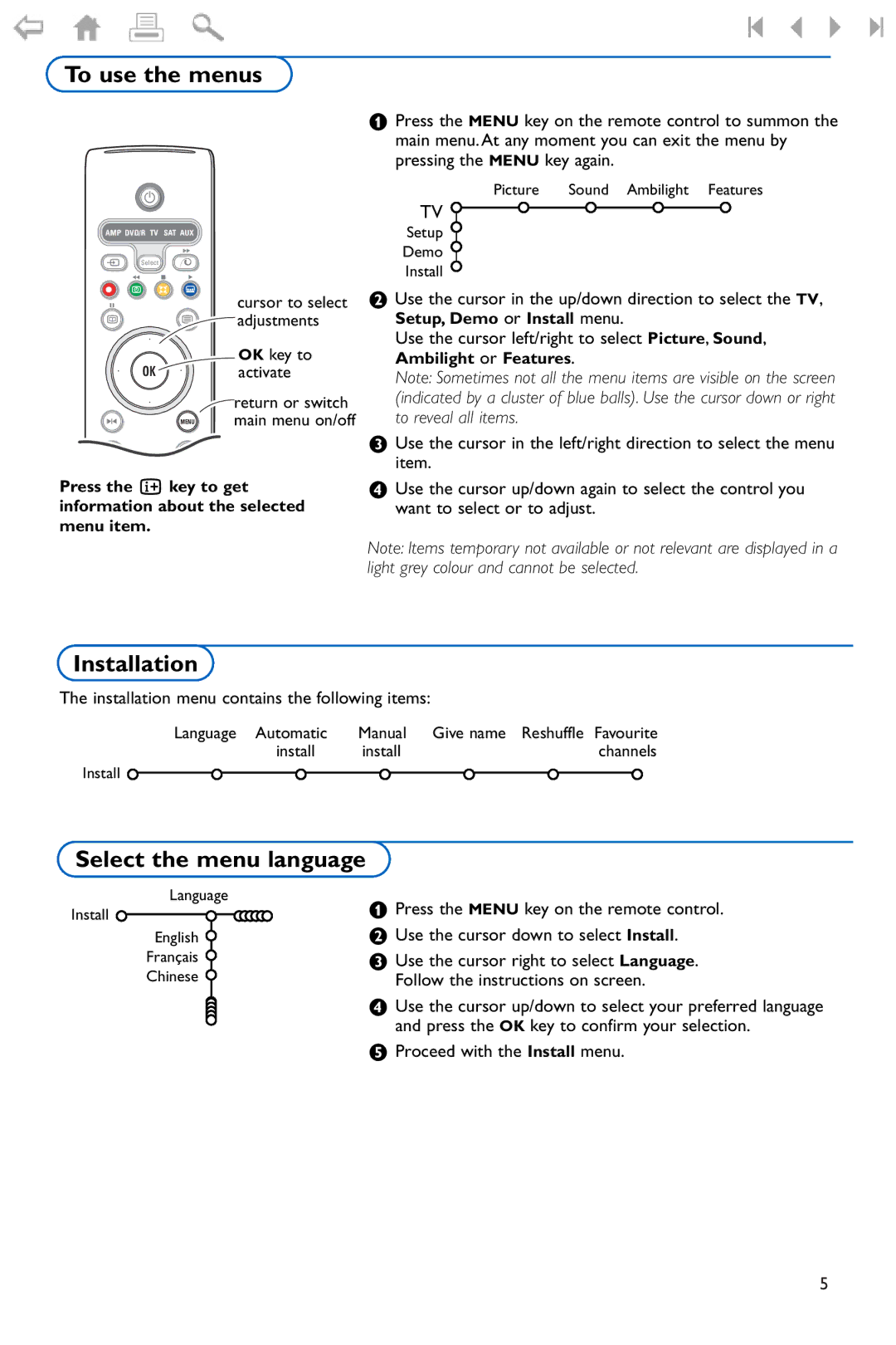 Philips 550W manual To use the menus, Select the menu language, Installation menu contains the following items 