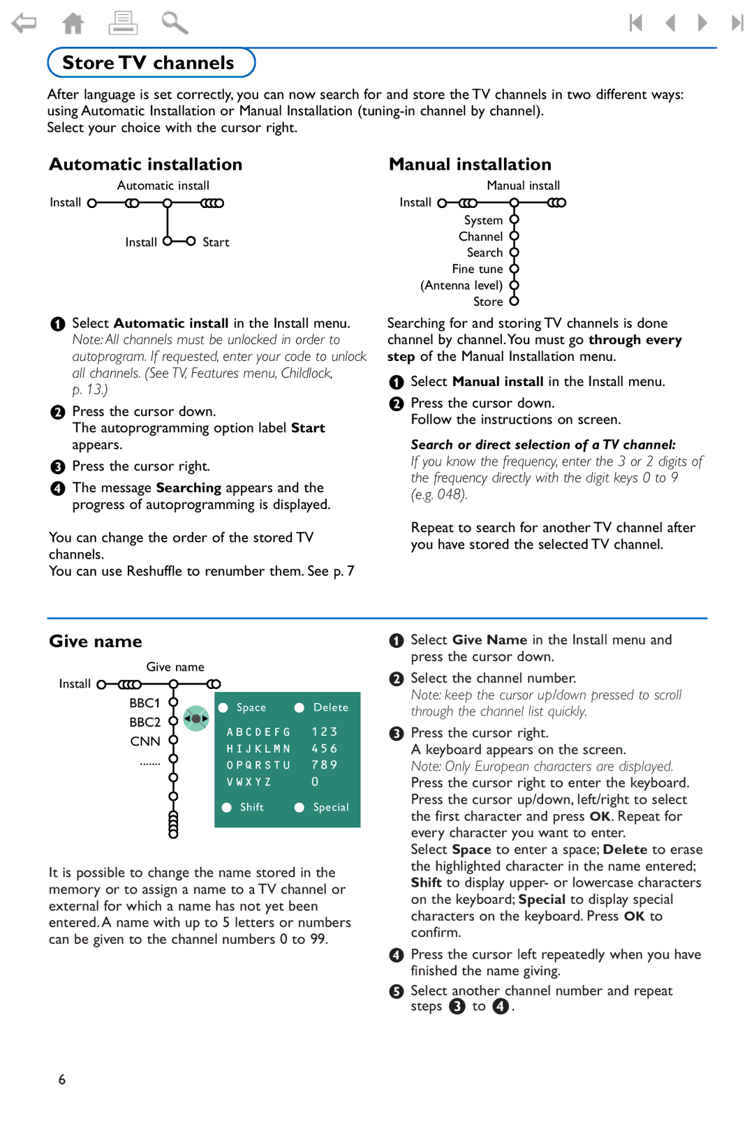 Philips 550W manual Store TV channels, Automatic installation, Manual installation, Give name 