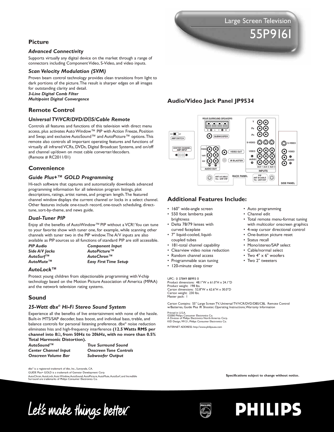 Philips 55P 9161 manual Picture, Remote Control, Convenience, Sound, Audio/Video Jack Panel JP9534 