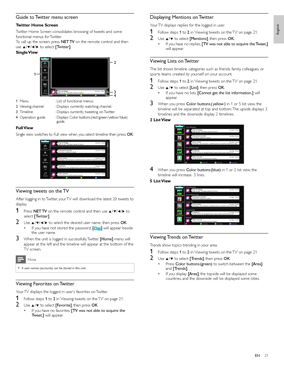 Philips 55PFL3907 user manual Guide to Twitter menu screen, Displaying Mentions on Twitter, Viewing Lists on Twitter 