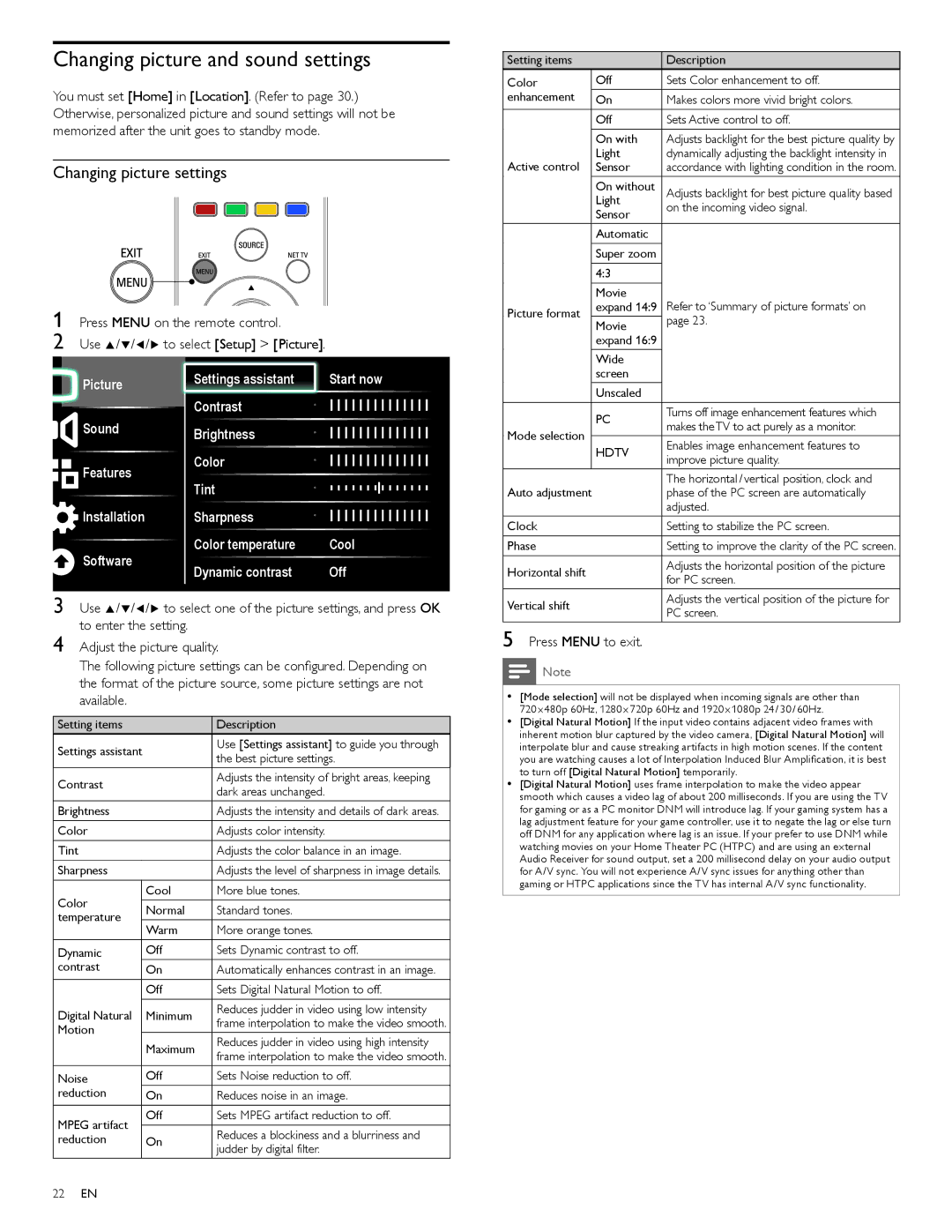 Philips 55PFL3907 user manual Changing picture and sound settings, Changing picture settings 