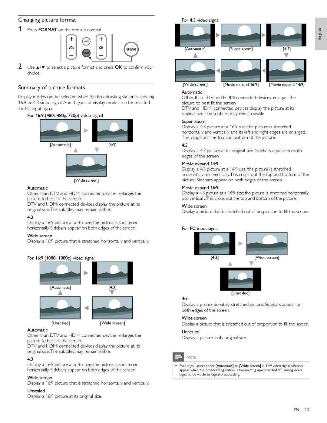 Philips 55PFL3907 user manual Changing picture format, Summary of picture formats 