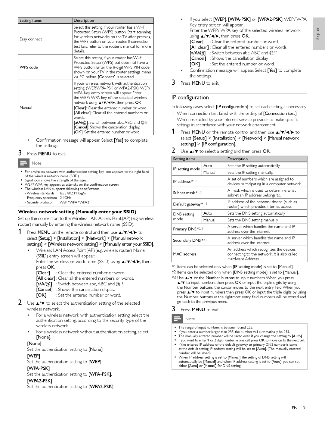 Philips 55PFL3907 user manual IP configuration, Wep, Wpa-Psk, WPA2-PSK 