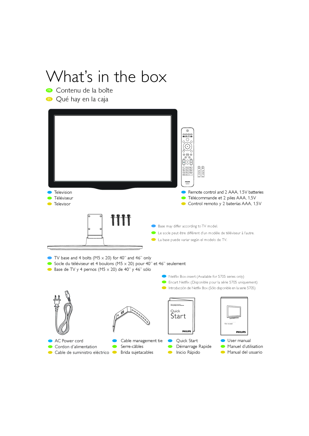 Philips 55PFL5705D/F7 manual What’s in the box, Television, Téléviseur, Televisor, AC Power cord 