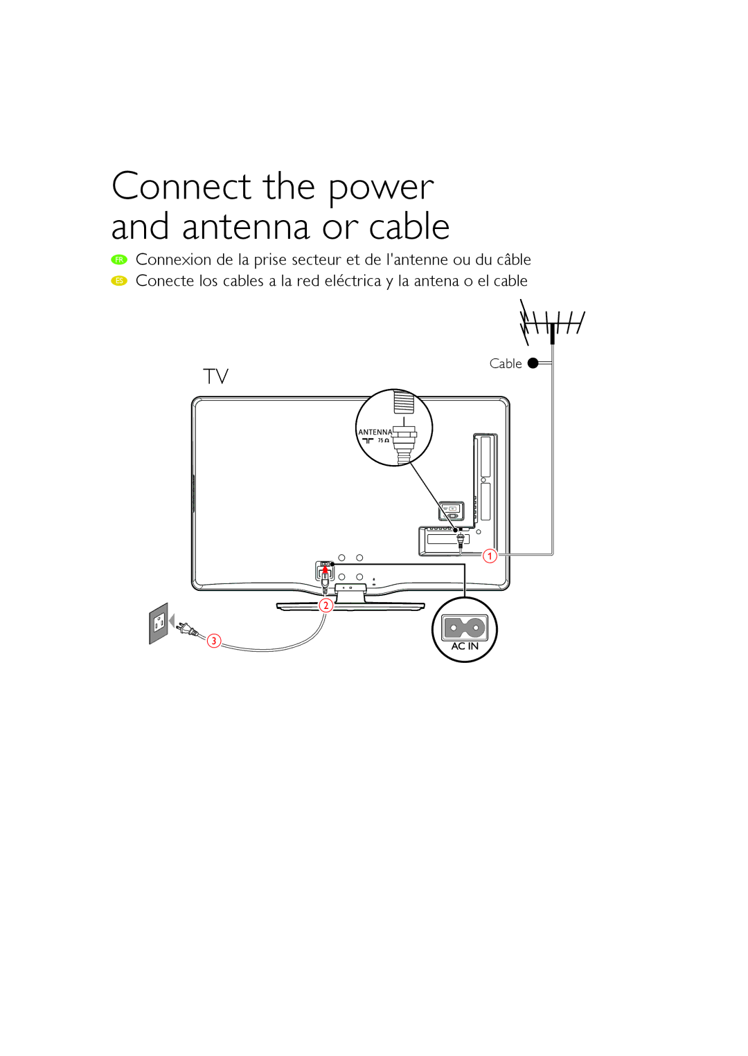 Philips 55PFL5705D/F7 manual Connect the power and antenna or cable 