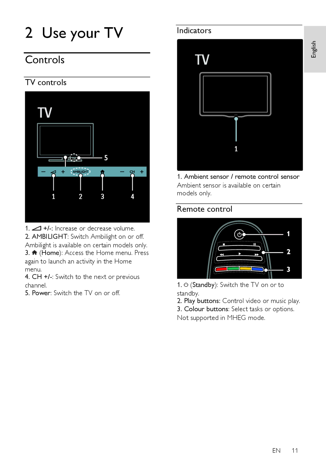 Philips 40PFL66X6T, 55PFL66X6T, 40PFL66X6H, 55PFL66X6K Controls, TV controls, Indicators, Standby Switch the TV on or to 