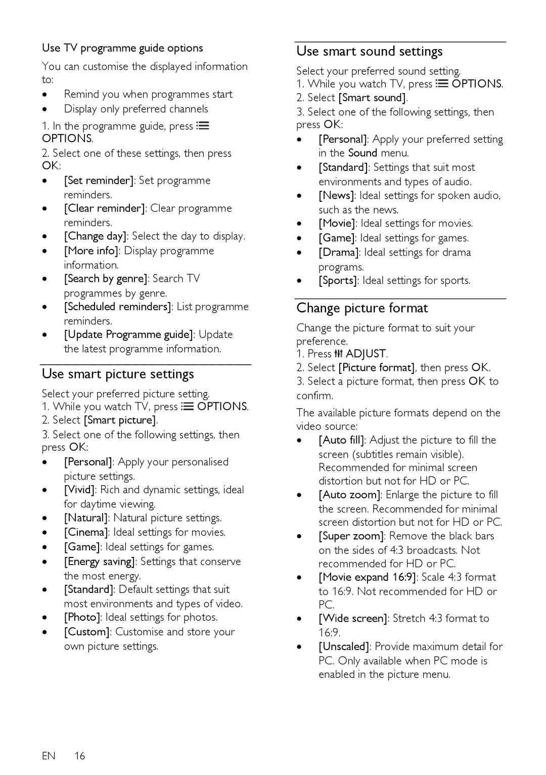 Philips 40PFL66X6H, 55PFL66X6T, 55PFL66X6K Use smart picture settings, Use smart sound settings, Change picture format 