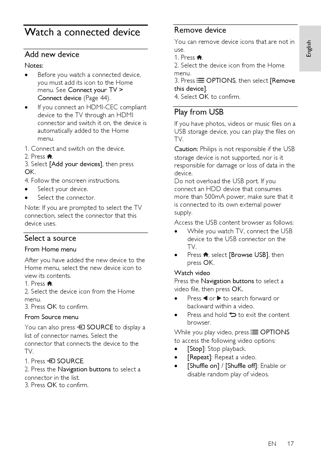 Philips 55PFL66X6K, 55PFL66X6T Watch a connected device, Add new device, Select a source, Remove device, Play from USB 