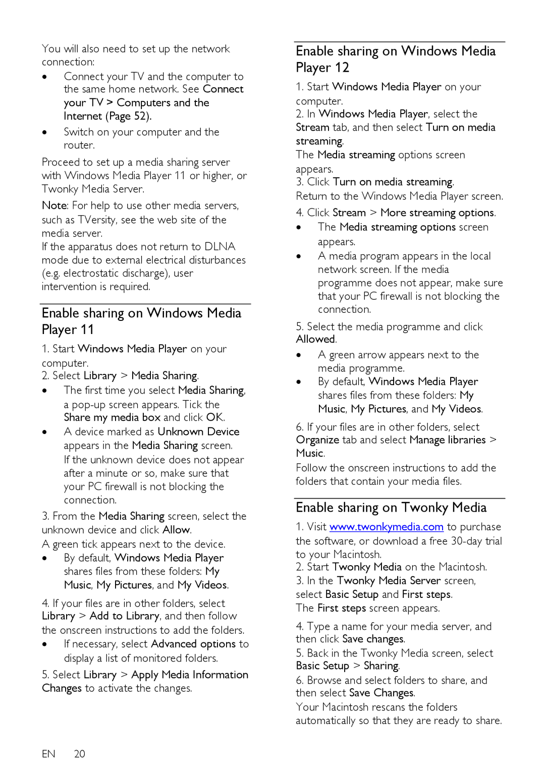 Philips 37PFL66X6T, 55PFL66X6T, 40PFL66X6H user manual Enable sharing on Windows Media Player, Enable sharing on Twonky Media 
