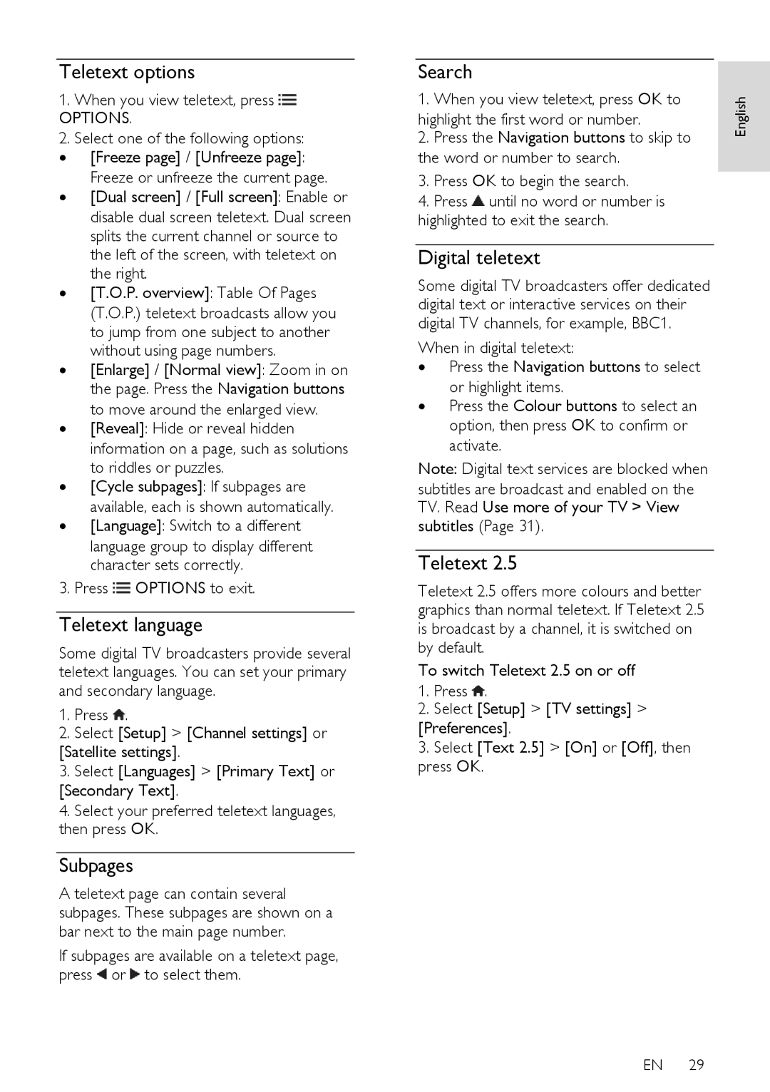 Philips 37PFL66X6K, 55PFL66X6T, 40PFL66X6H Teletext options, Teletext language, Subpages, Search, Digital teletext 