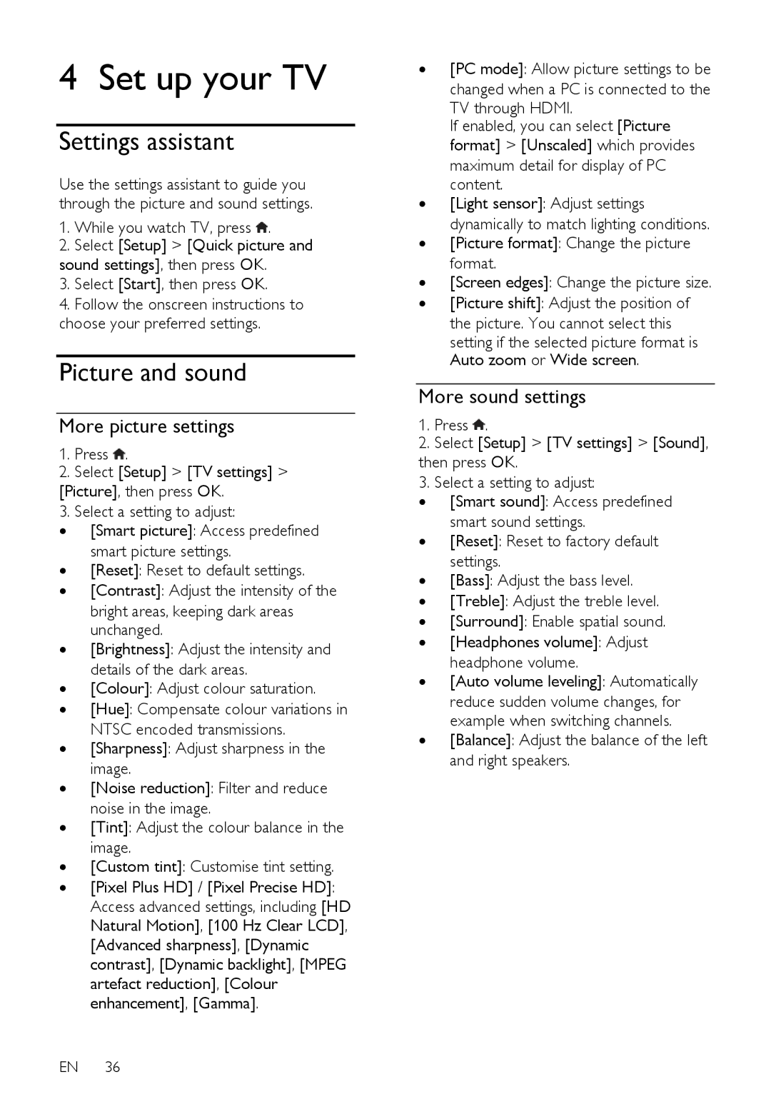 Philips 55PFL66X6H, 55PFL66X6T user manual Settings assistant, Picture and sound, More picture settings, More sound settings 