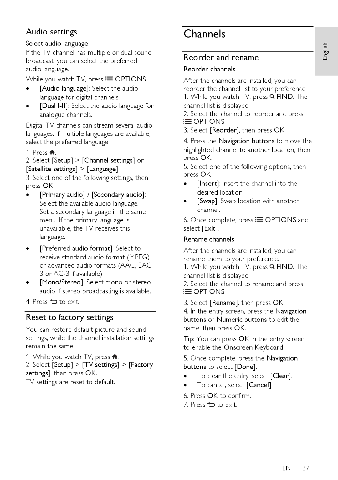 Philips 46PFL66X6H, 55PFL66X6T, 40PFL66X6H Channels, Audio settings, Reset to factory settings, Reorder and rename 