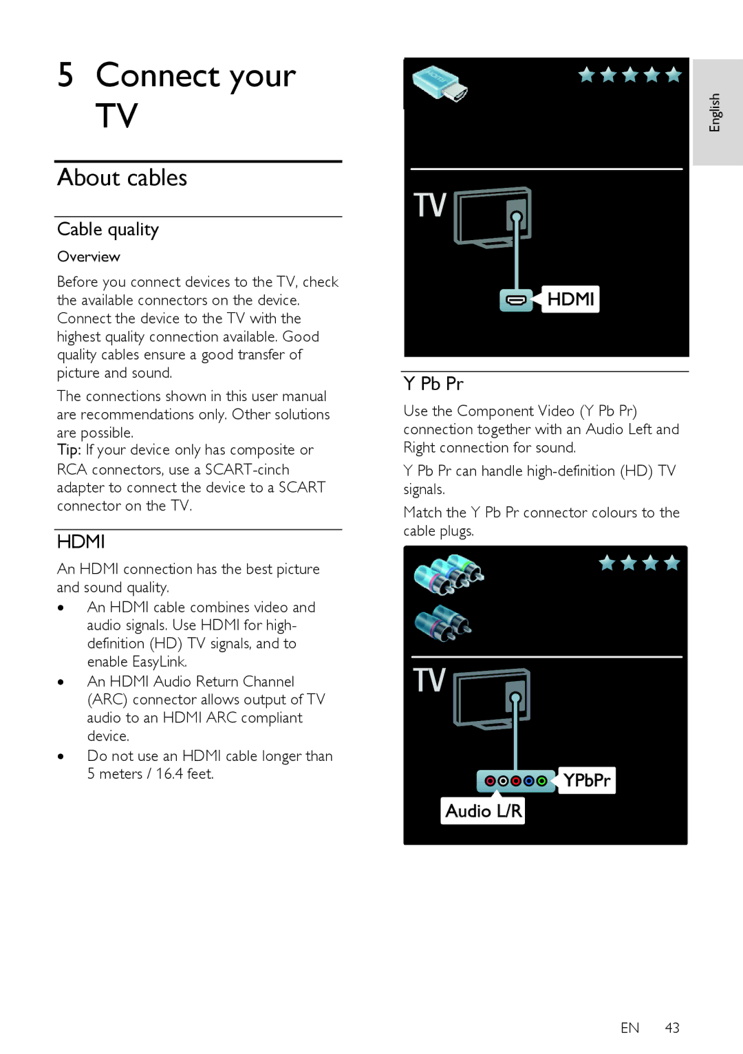 Philips 32PFL66X6T About cables, Cable quality, Pb Pr, An Hdmi connection has the best picture and sound quality 