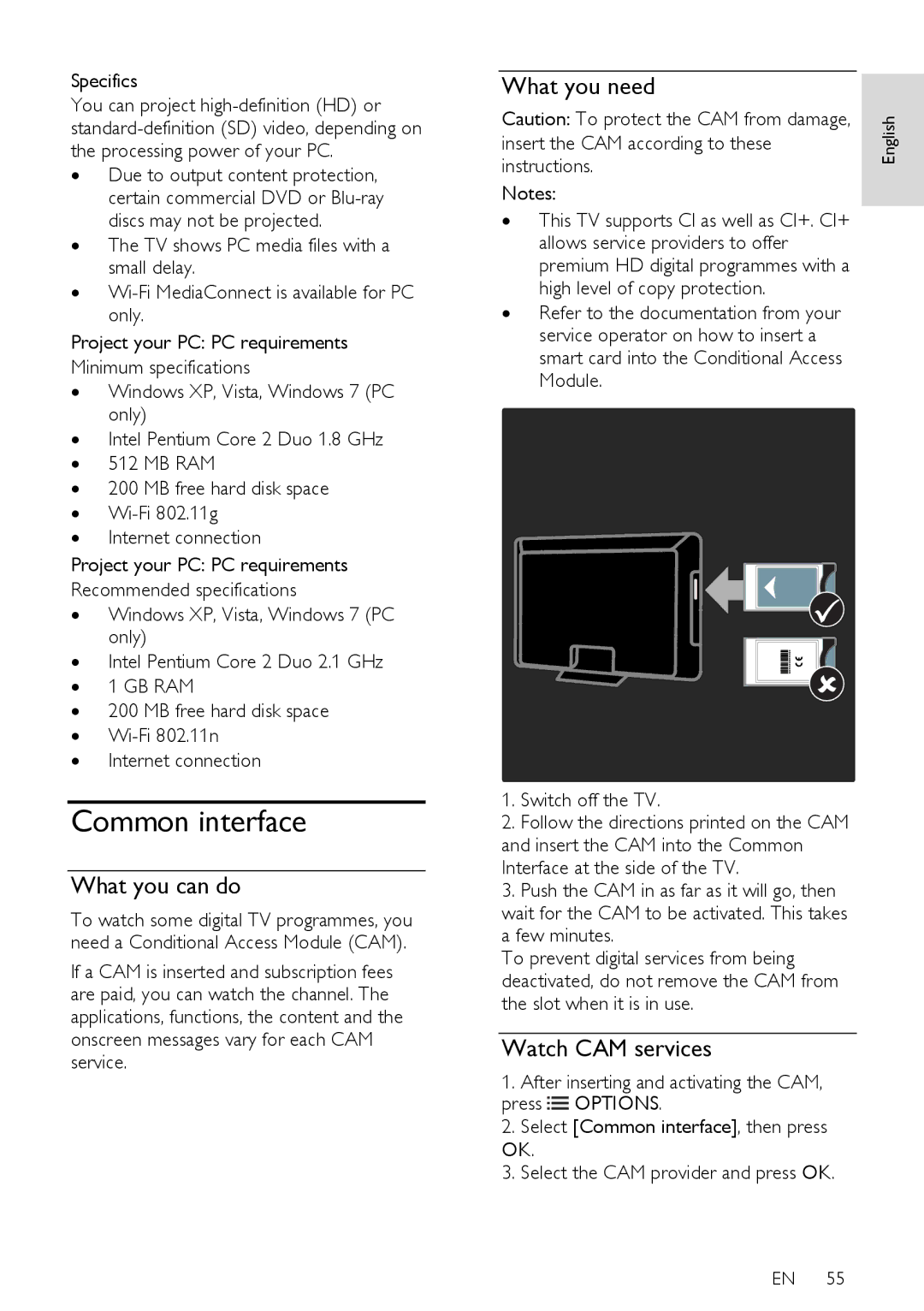 Philips 32PFL66X6K Common interface, Watch CAM services, Specifics, Insert the CAM according to these, Instructions 