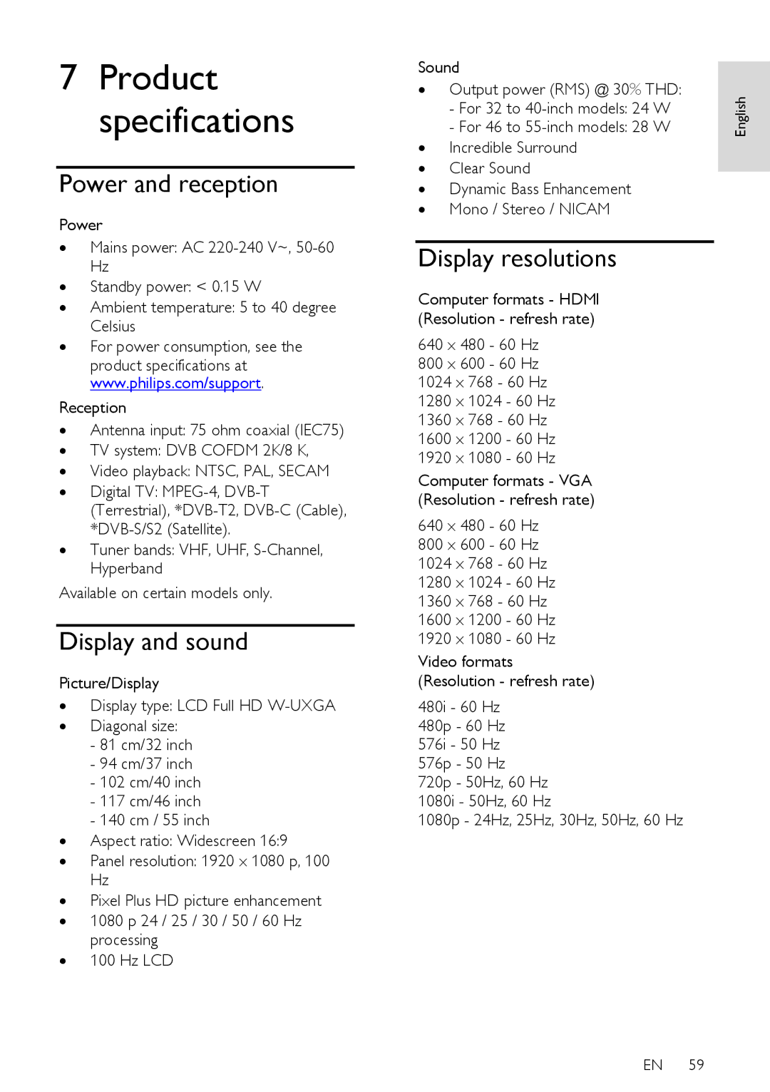 Philips 37PFL66X6K, 55PFL66X6T, 40PFL66X6H, 55PFL66X6K user manual Power and reception, Display and sound, Display resolutions 