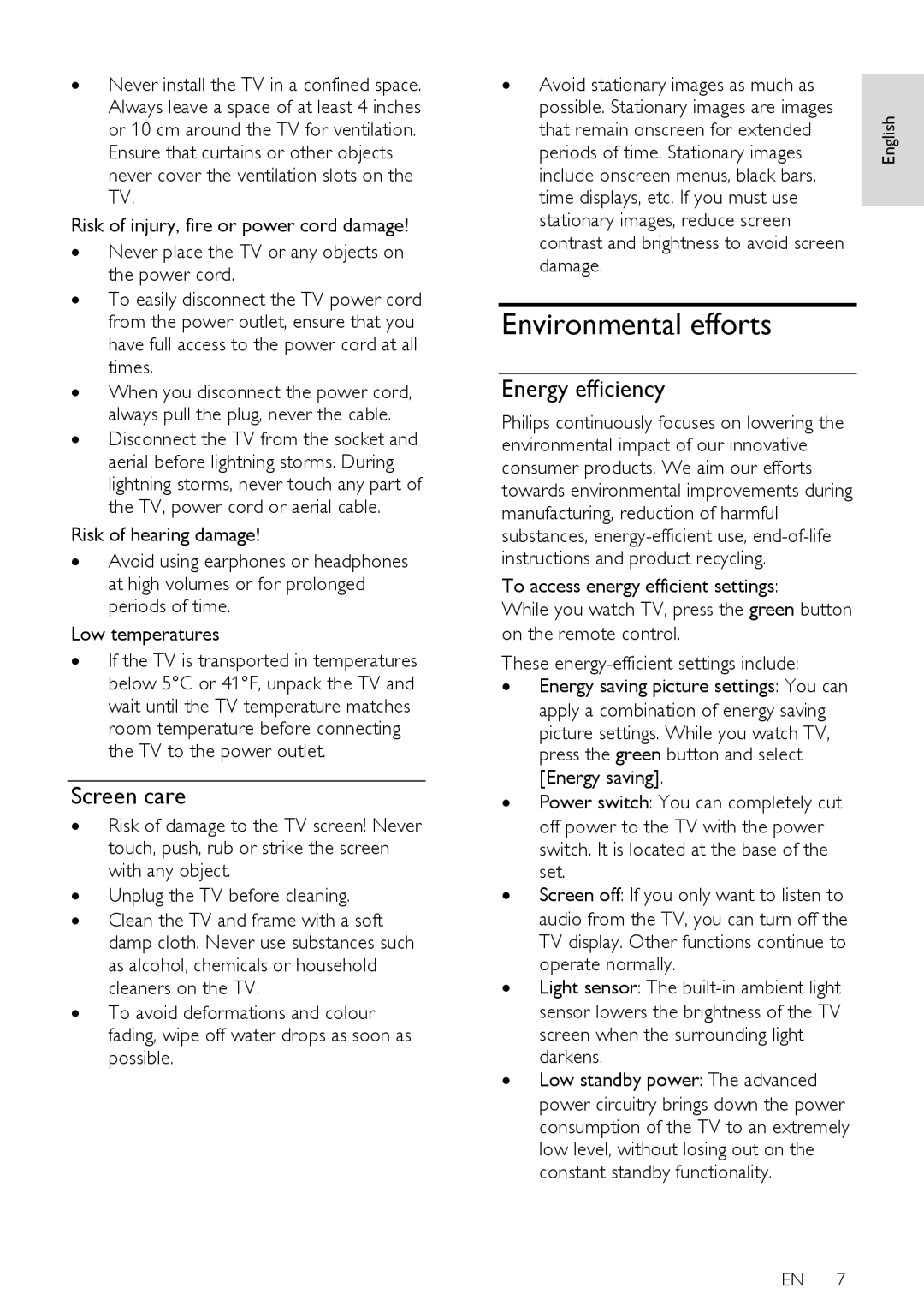 Philips 46PFL66X6H, 55PFL66X6T, 40PFL66X6H, 55PFL66X6K, 46PFL66X6K Environmental efforts, Screen care, Energy efficiency 