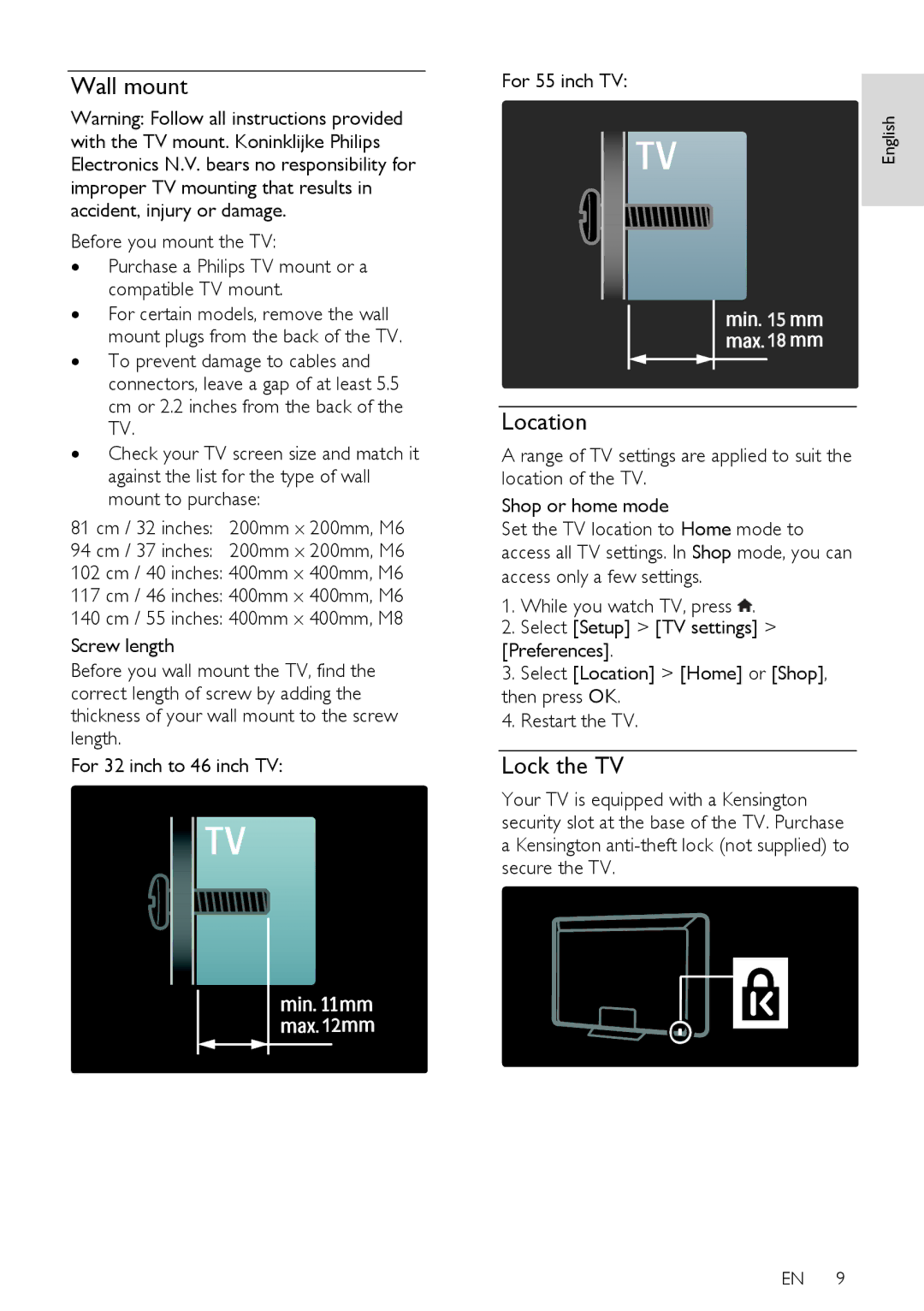 Philips 37PFL66X6H, 55PFL66X6T, 40PFL66X6H, 55PFL66X6K, 46PFL66X6K, 46PFL66X6T, 37PFL66X6T Wall mount, Location, Lock the TV 