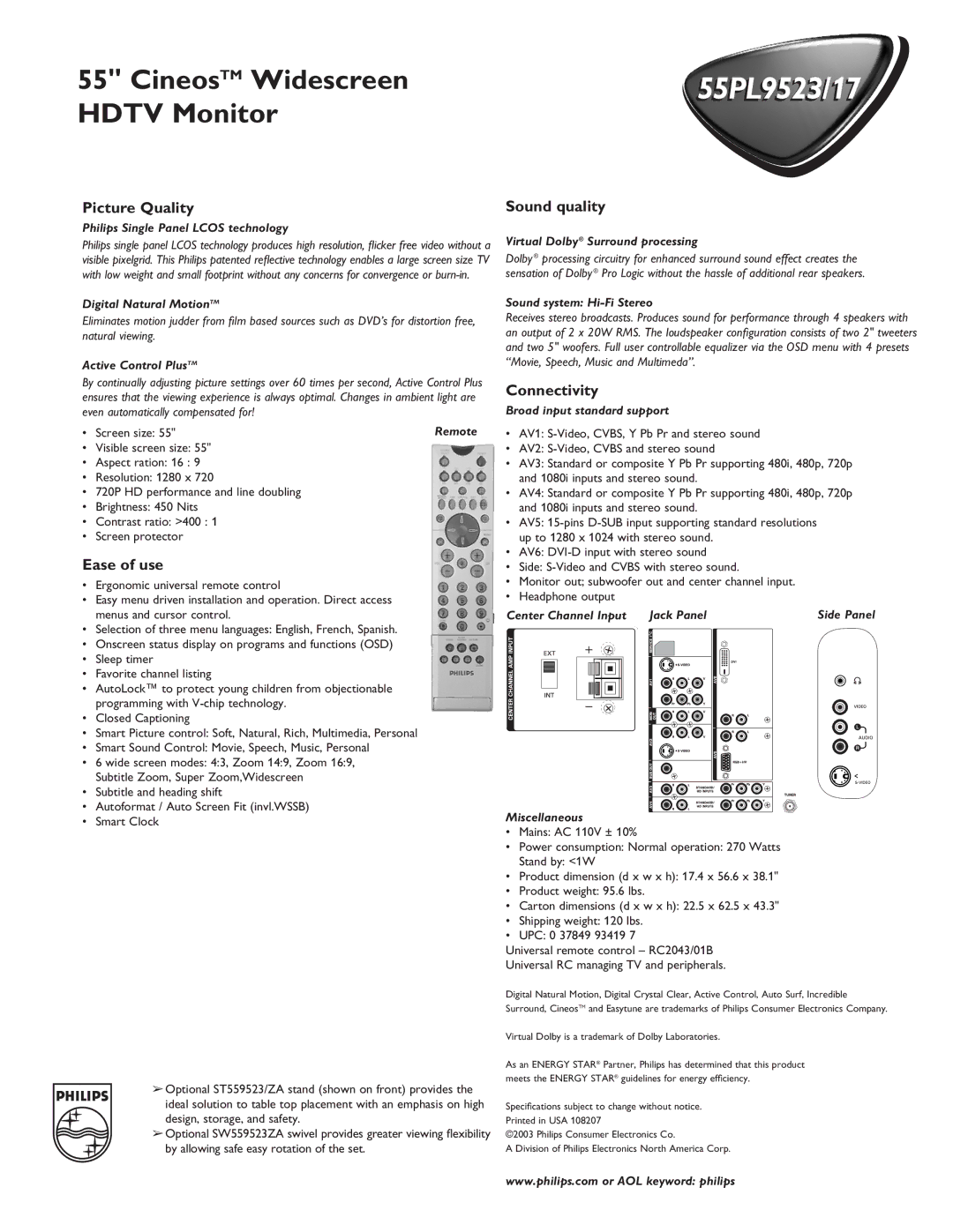 Philips 55PL9517 manual Picture Quality, Ease of use, Sound quality, Connectivity 