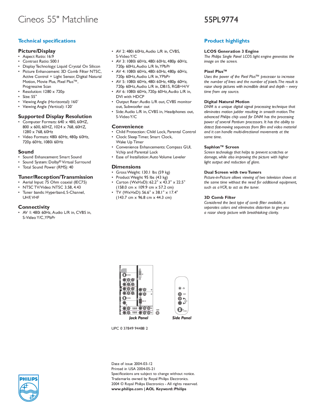 Philips 55PL9774 manual Picture/Display, Supported Display Resolution, Sound, Tuner/Reception/Transmission, Connectivity 