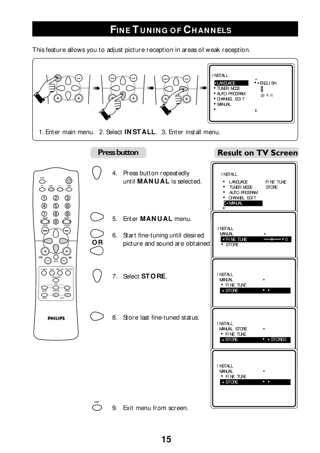 Philips 55PP925 manual Fine Tuning of Channels 