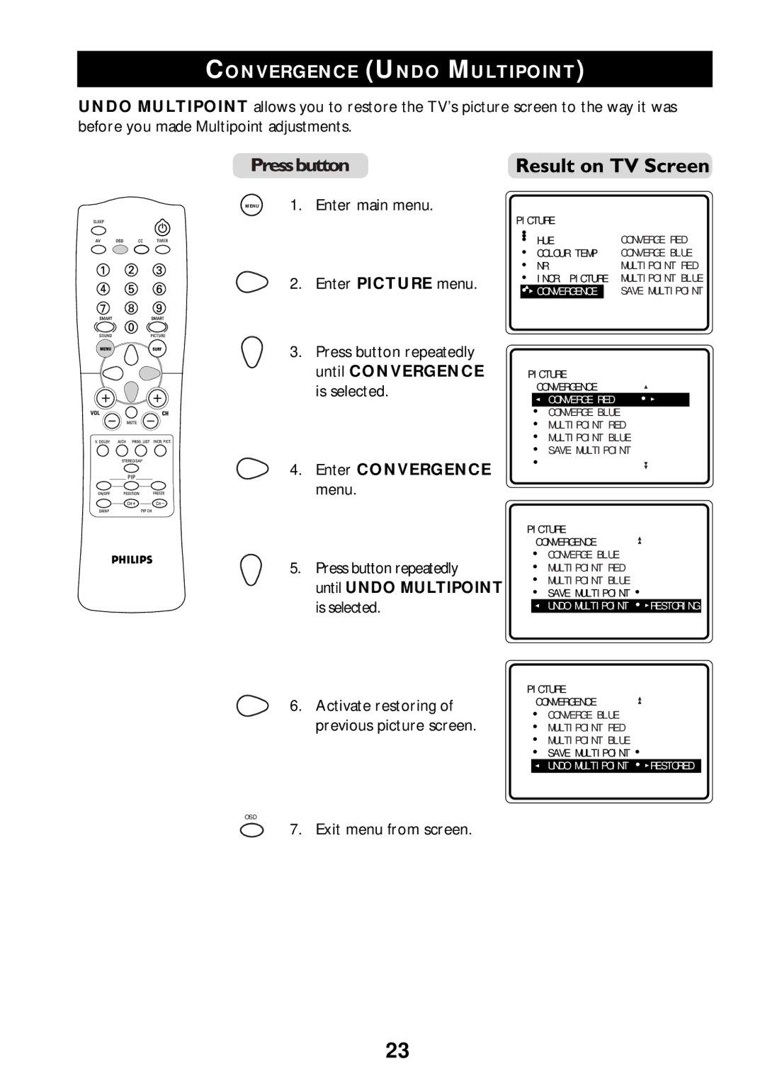 Philips 55PP925 manual Convergence Undo Multipoint, Menu Press button repeatedly, Until Undo Multipoint is selected 