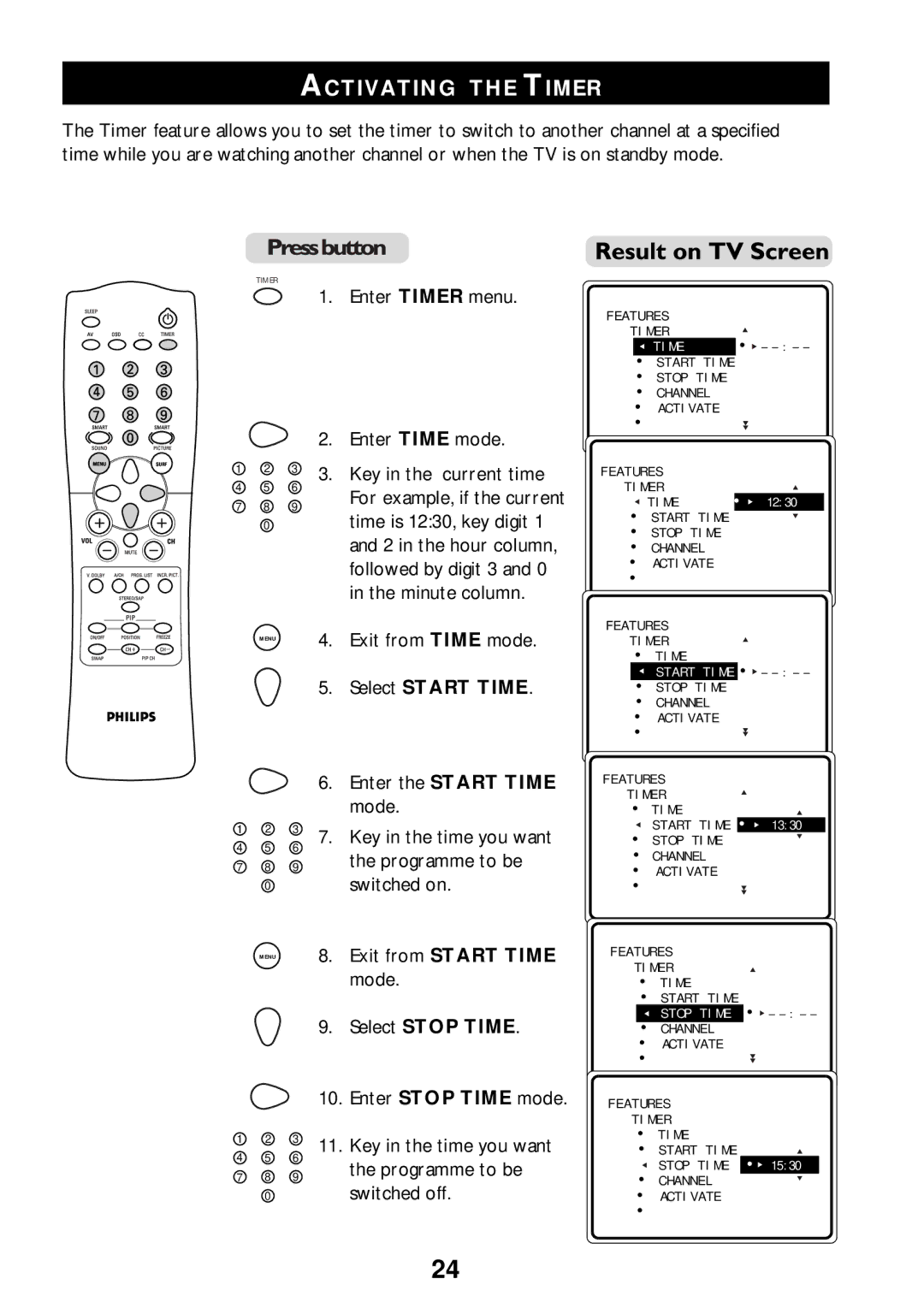 Philips 55PP925 manual Activating the Timer, Enter the Start Time mode, Exit from Start Time mode Select Stop Time 