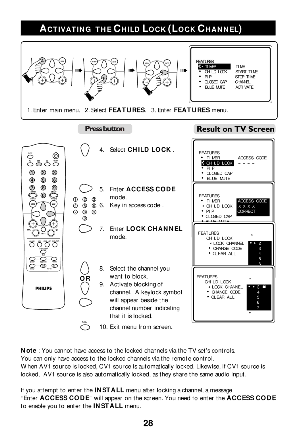 Philips 55PP925 manual Activating the Child Lock Lock Channel, Select Child Lock Enter Access Code mode, Enter Lock Channel 
