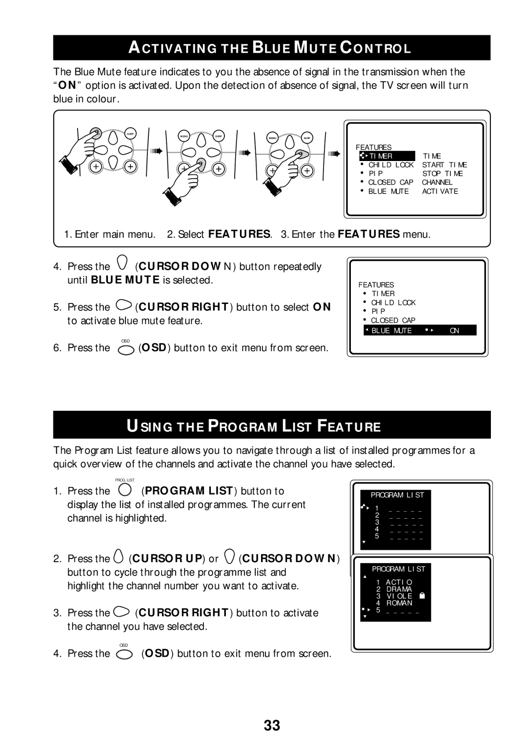 Philips 55PP925 manual Activating the Blue Mute Control, Using the Program List Feature 