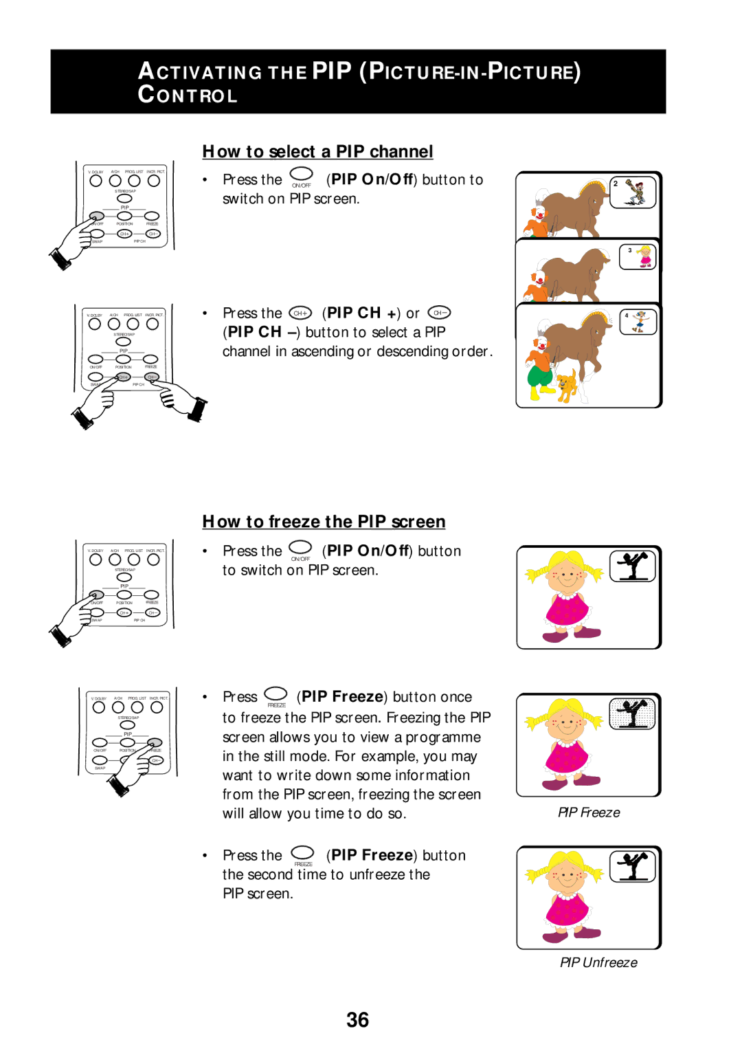 Philips 55PP925 Activating the PIP PICTURE-IN-PICTURE Control, How to select a PIP channel, How to freeze the PIP screen 