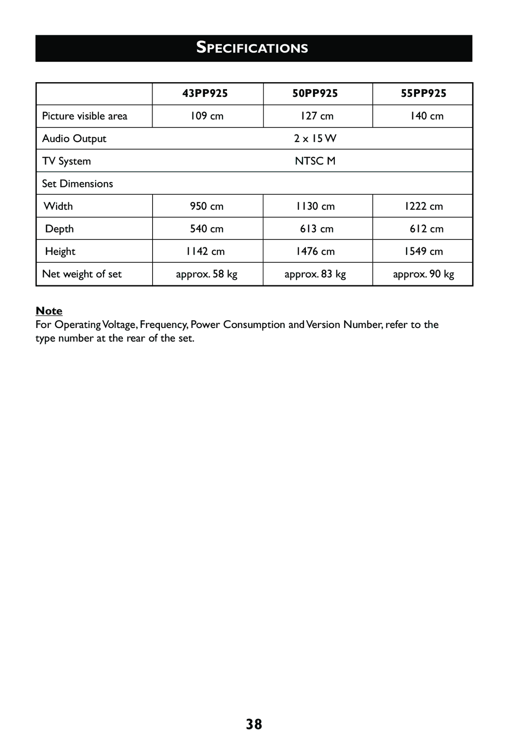 Philips manual Specifications, 43PP925 50PP925 55PP925 